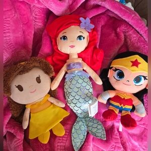 Three Like NEW Disney Plush Dolls. Plushies. Stuffies. Belle, Ariel, WonderWomen